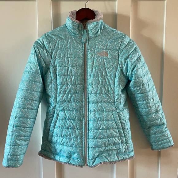 The North Face Other - The North Face Girls Reversible Mossbud Fuzzy Swirl Jacket Blue Grey L 14/16